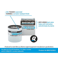Quicksilver filter produced to Mercury Marine OEM specs for proper engine protection.