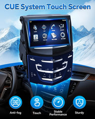 Quixofiber Cadillac CUE display closeup reveals vivid colors and sharp text for easy reading.