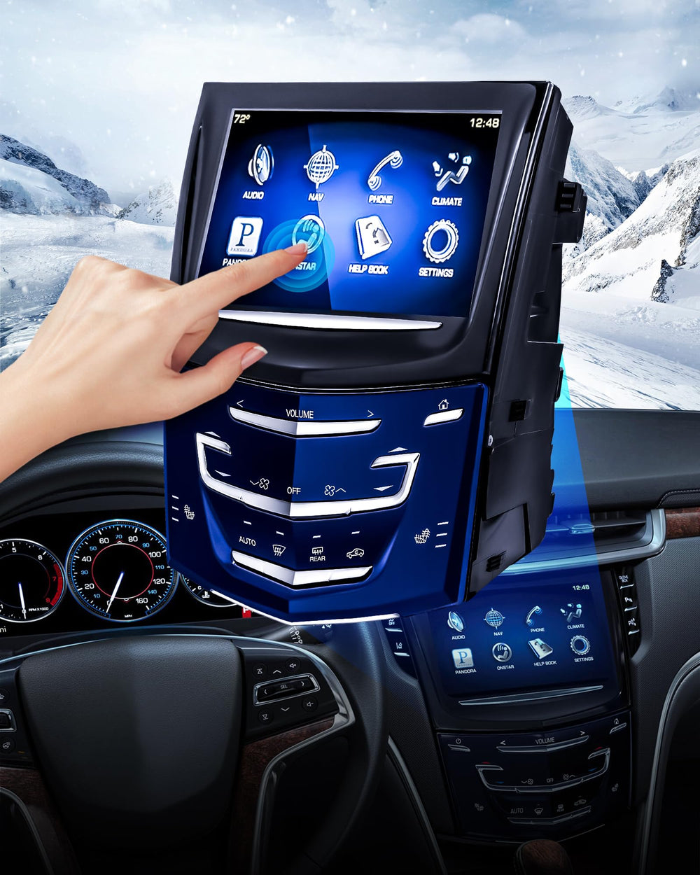 Quixofiber Cadillac CUE touch-screen front view shows crisp navigation and responsive controls.