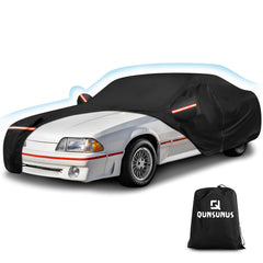 QUNSUNUS Mustang cover front view protects paint from sun and dust during outdoor parking.