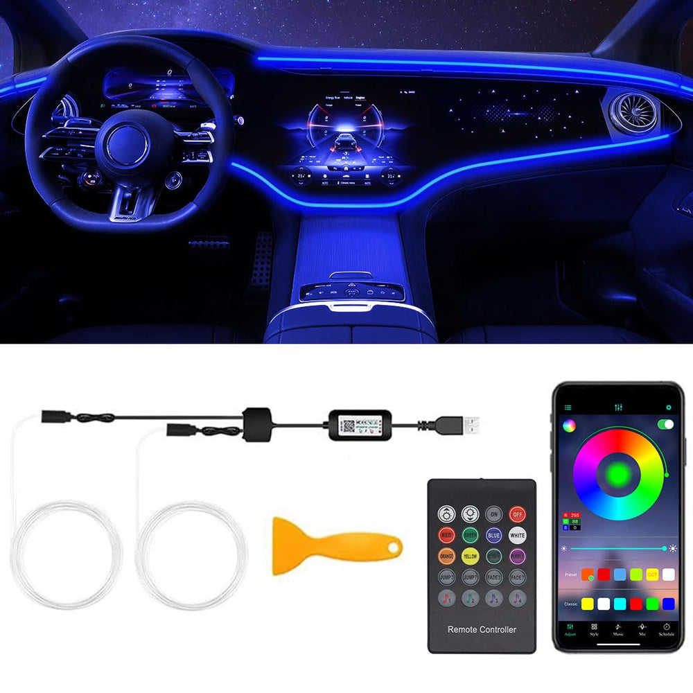 QVEVDACAR dashboard ambient LED strip enhances car interior ambiance.