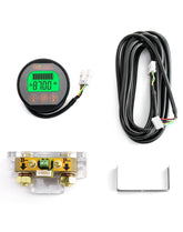 QWORK battery monitor voltmeter display shows real-time voltage and current.
