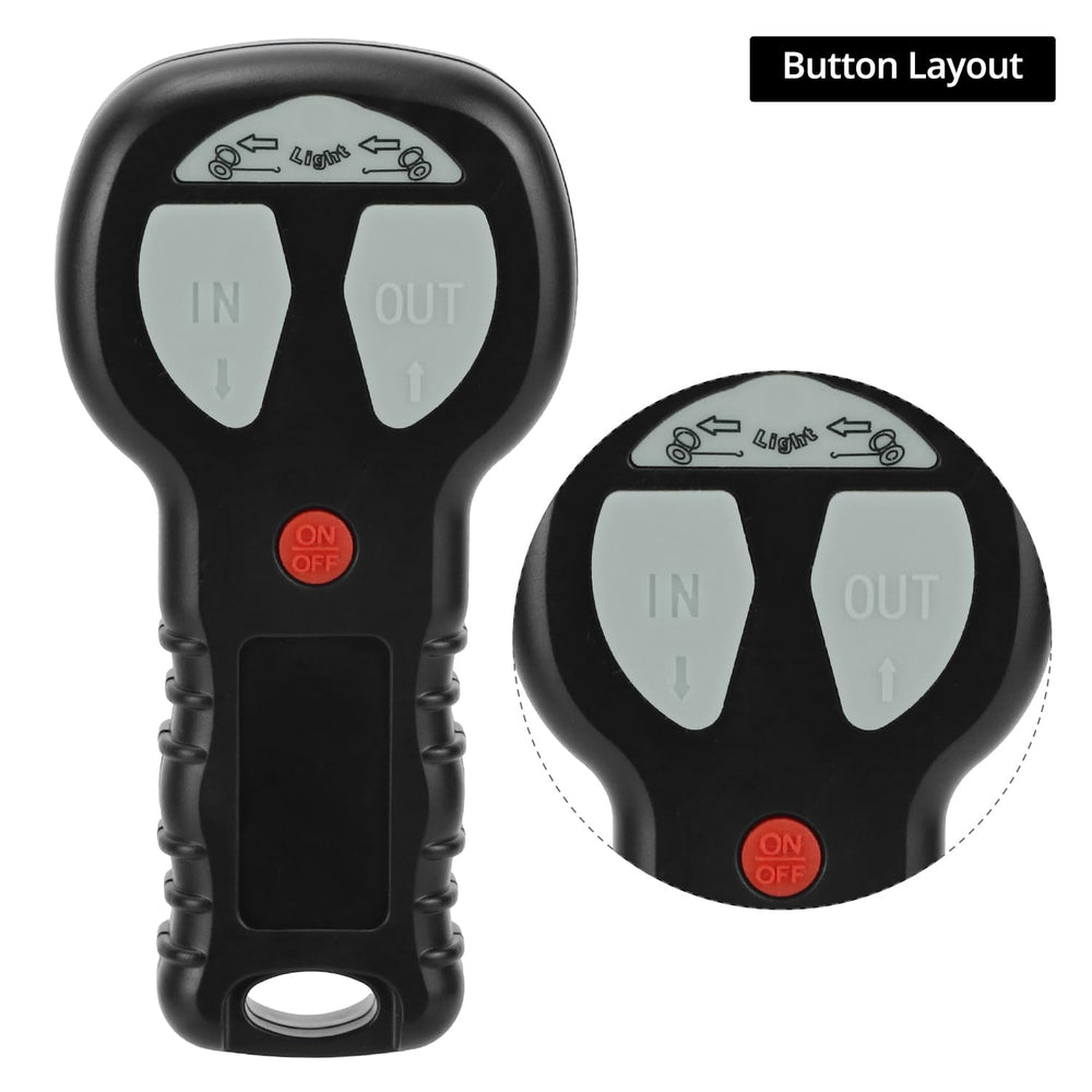 QWORK remote showing IN/OUT arrows for easy winch control.