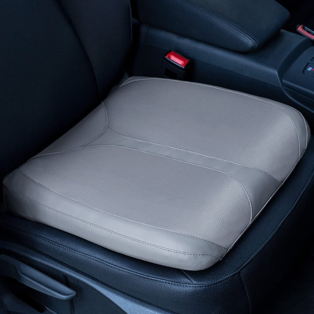 QYILAY Leather Seat Cushion in-car side view shows a taller driving position for better visibility.