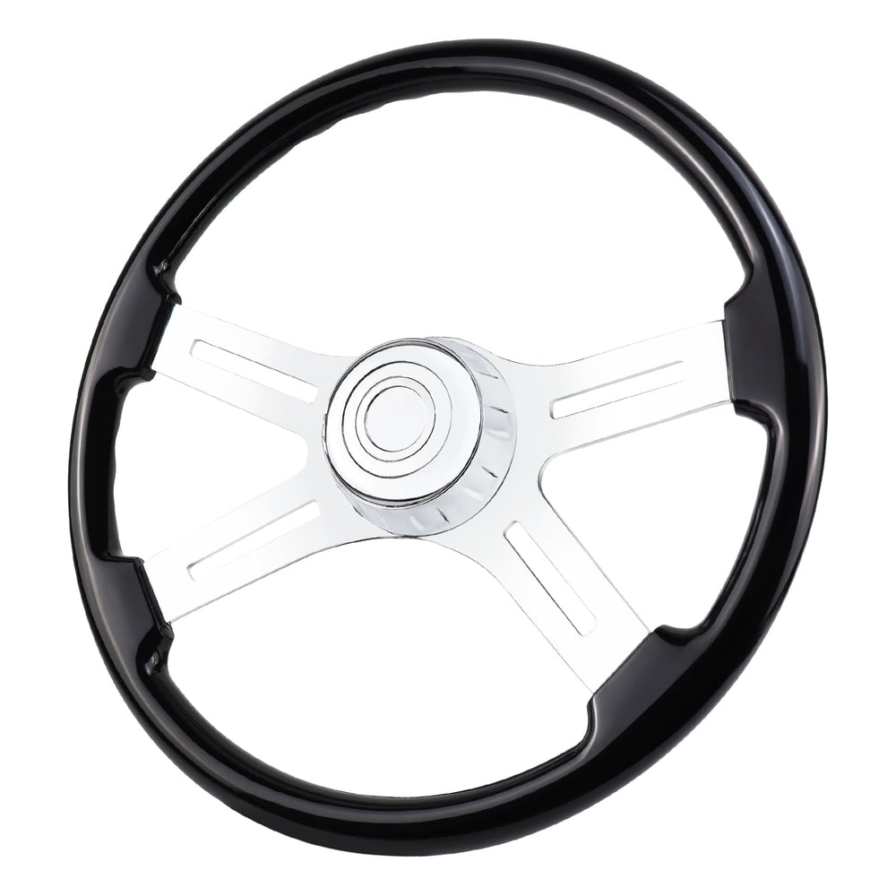 QYMOPAY 18-inch wood steering wheel front view for long-haul comfort.
