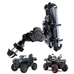 QYMOTO ATV phone holder mounted on vehicle for secure off-road use.