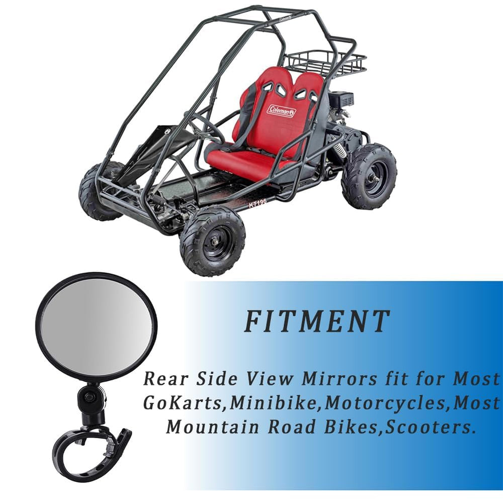 QYMOTO go kart mirror right side view on handlebars enhances visibility.