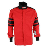 RaceQuip 111017RQP driving jacket front view shows bold red/black stripe and protective styling.