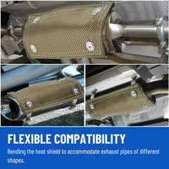Racewill shield installed on exhaust pipe showing air-gap design