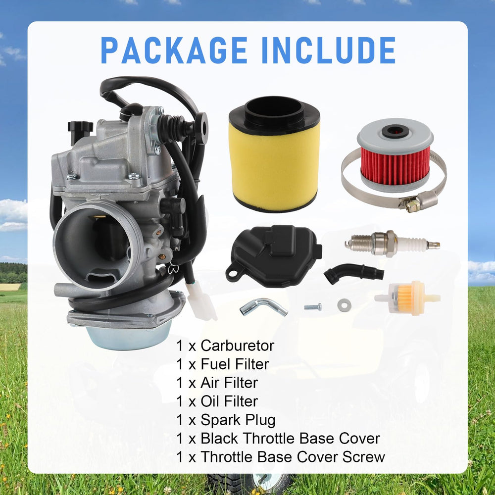 RADHLBNIU carburetor package includes filters and spark plug for quick replacement.