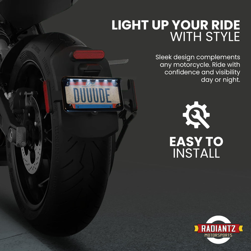 Radiantz license frame provides added daytime and night-time visibility on rides