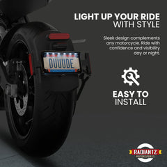 Radiantz license frame provides added daytime and night-time visibility on rides