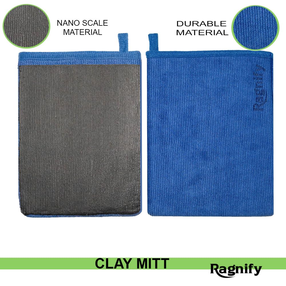 Ragnify blue clay mitt closeup emphasizing texture and pulling embedded contaminants gently.