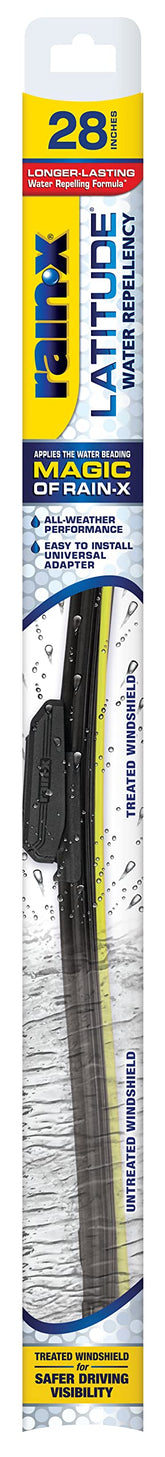 Rain-X 28-inch wiper blade on windshield for clear rain visibility.