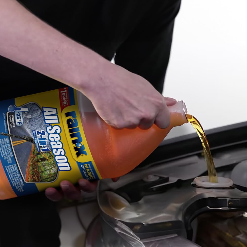 Six-pack display of Rain-X All Season fluid on a shelf.