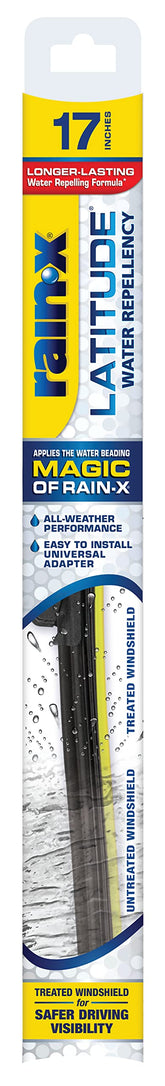 Rain-X repellency wiper blades on a 17-inch windshield provide clear visibility in rain.