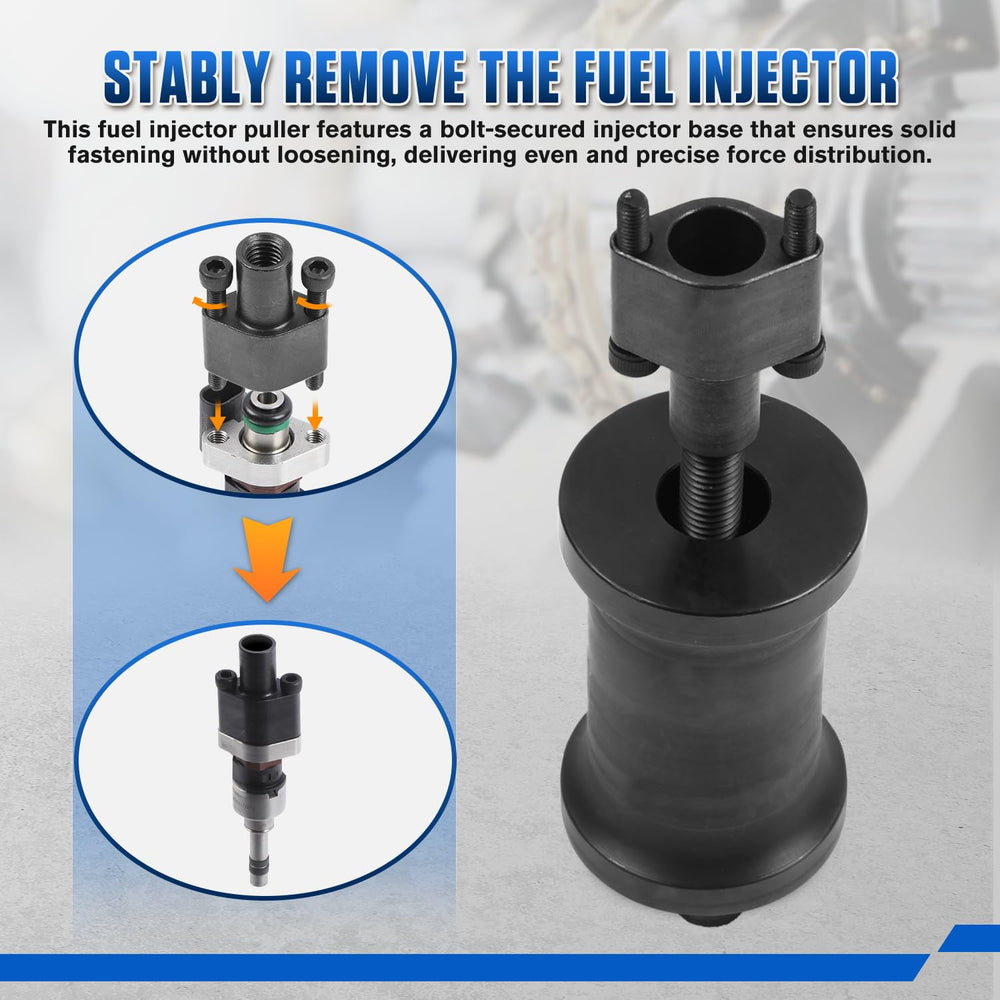 RALBIL injector puller shown with GM-compatible engine attachment for versatile use.