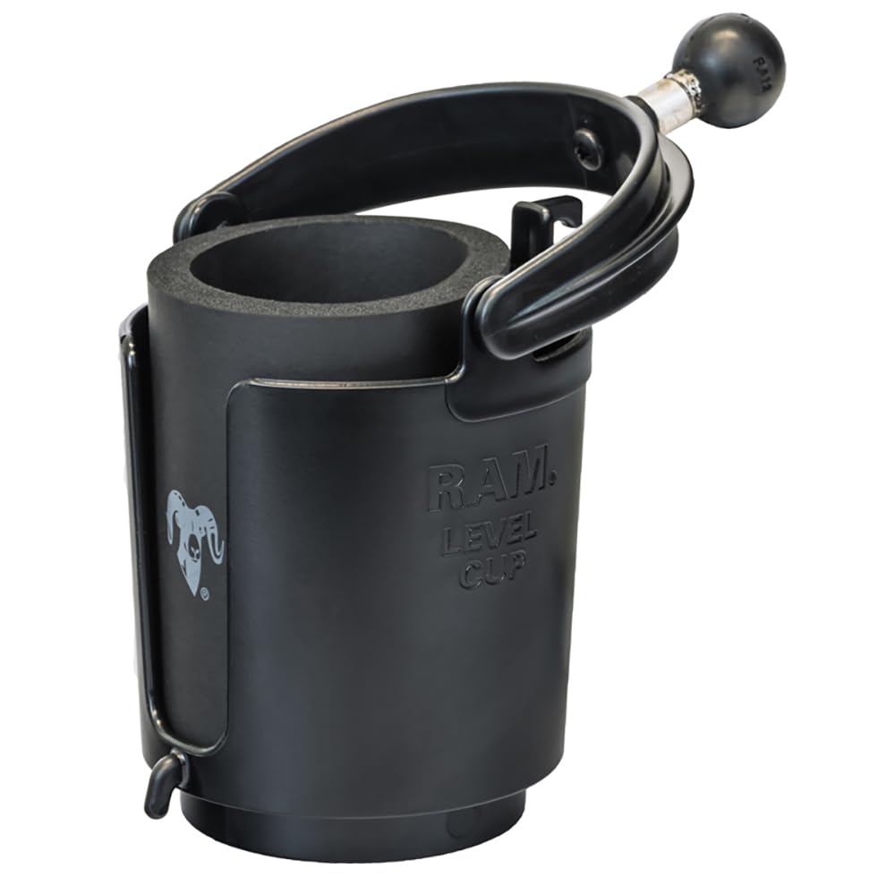 RAM MOUNTS Level Cup 16oz Drink Holder secured on motorcycle.