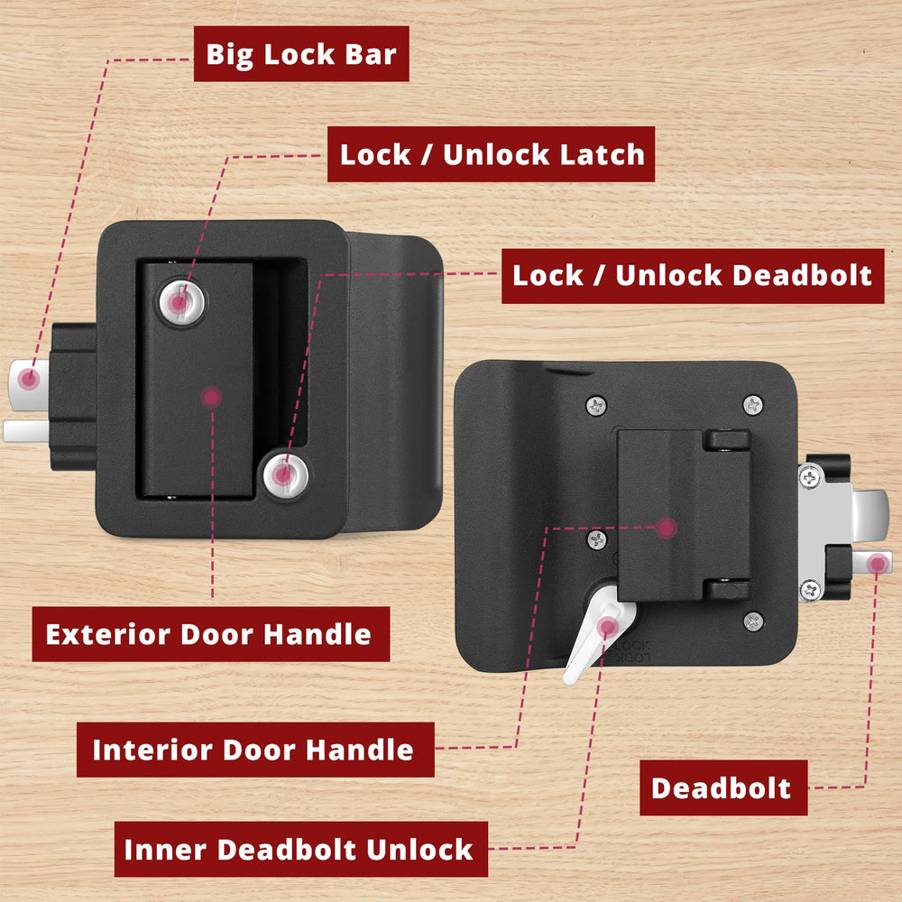 Ramkle RV entry door lock interior mechanism showing silent switch and built-in deadbolt