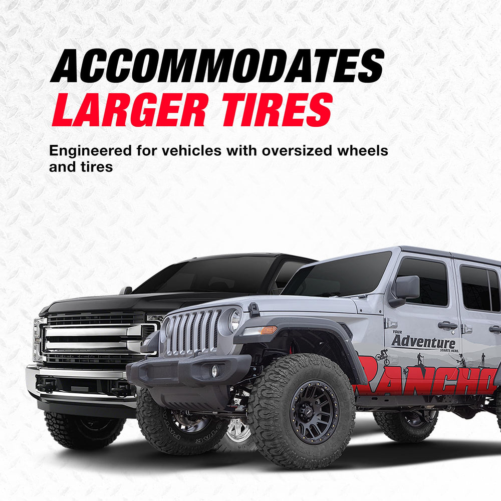 Rancho RS5000 steering damper side-angle for rugged terrain durability.