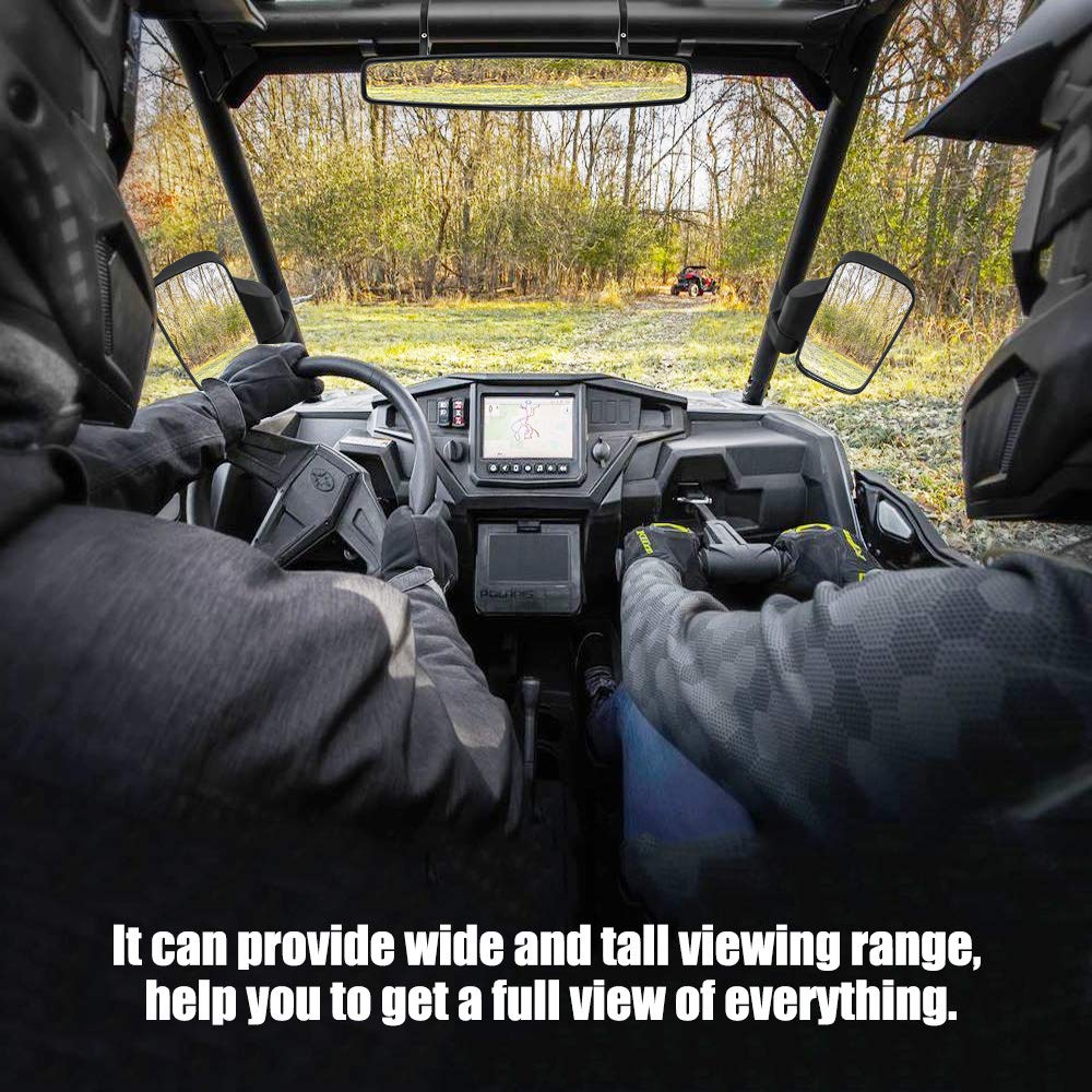 RANSOTO UTV center mirror on roll-bar mount offers balanced rear awareness.