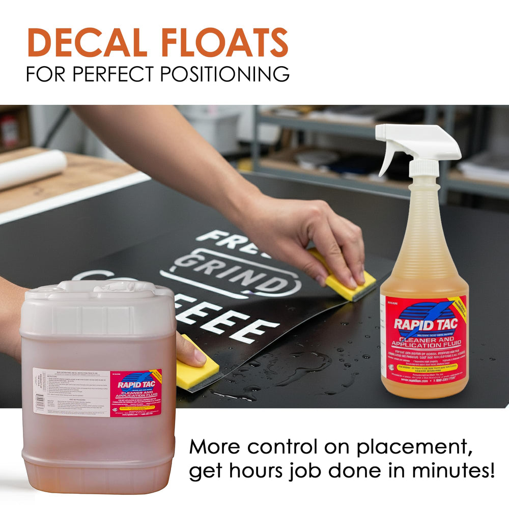 Rapid Tac Application Fluid ready-to-use bottle beside tools for quick installations.