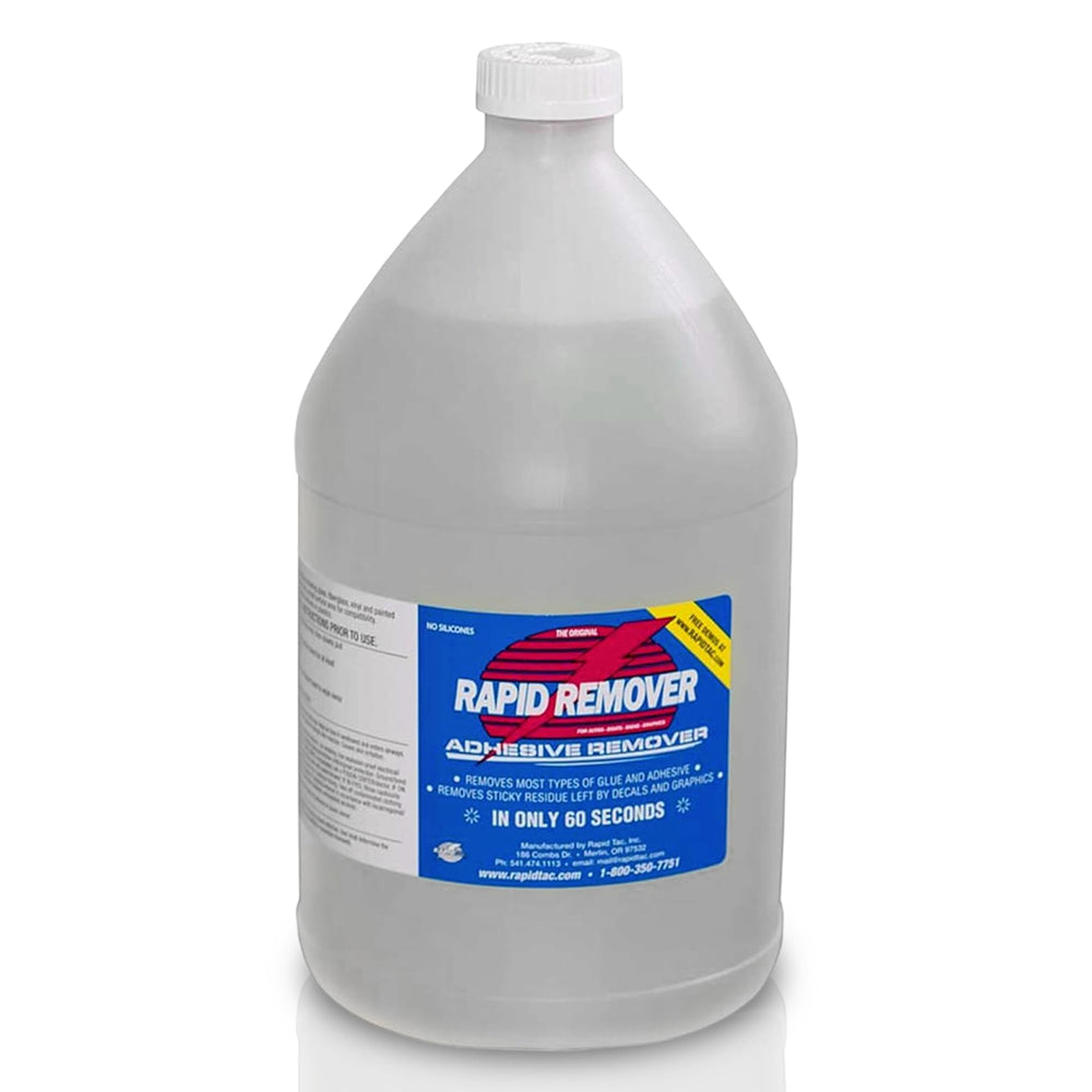 Rapid Tac Rapid Remover bottle pour shows fast, water-soluble adhesive removal.