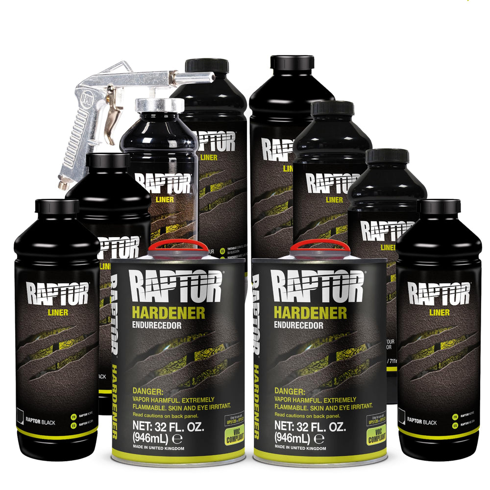 Raptor bed liner base bottles ready to mix for durable truck bed protection.