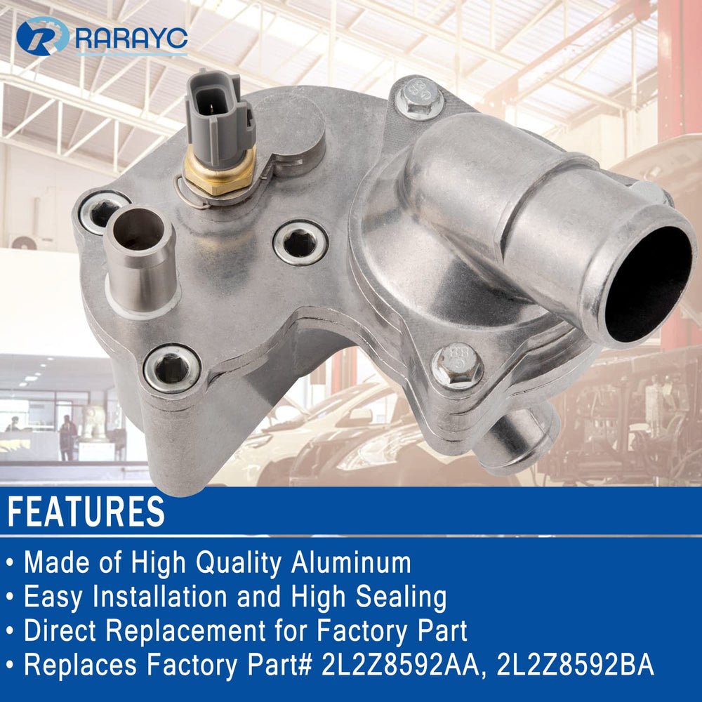 RARAYC aluminum thermostat housing kit in box, compatibility notes.