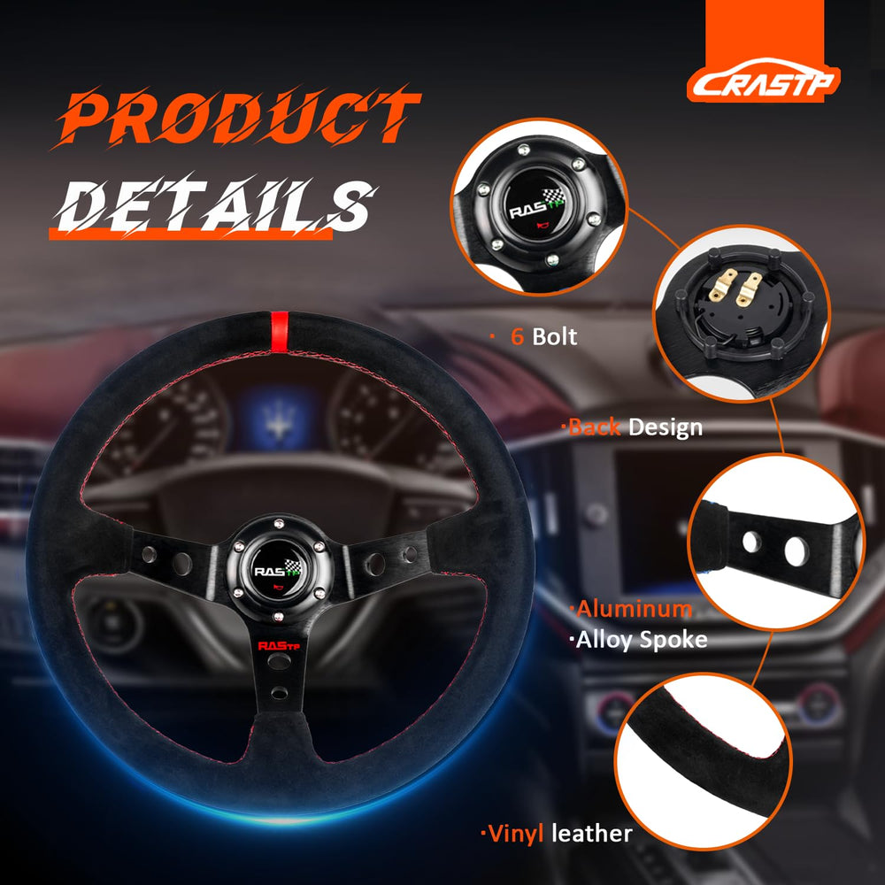 RASTP 6-bolt wheel with horn button provides sturdy mounting and easy install.