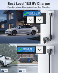 Raylix charger with NEMA 5-15 and 6-20 plug options for Tesla models.