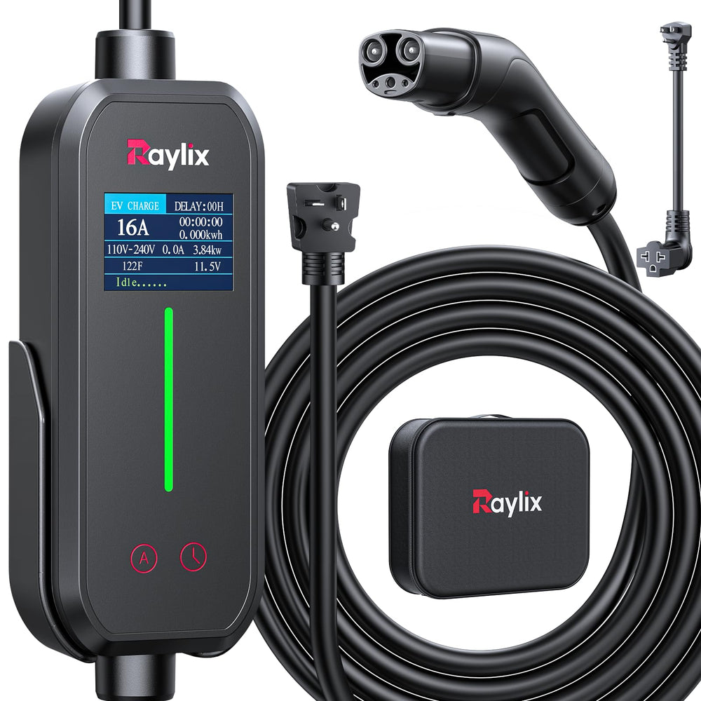 Raylix Tesla mobile charger front view showing compact, portable design.