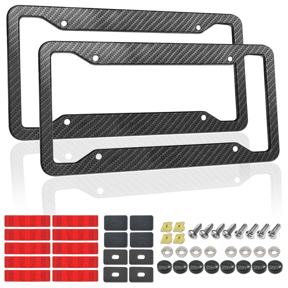RCKJNJ carbon fiber license frame texture close-up highlighting durable matte finish