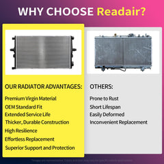 Readair aluminum core radiator with TIG-welded end tanks for longevity.
