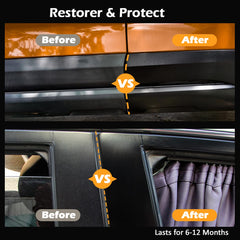REALINN Plastic Restorer bumper and mirror trim shows revived black plastic with high gloss