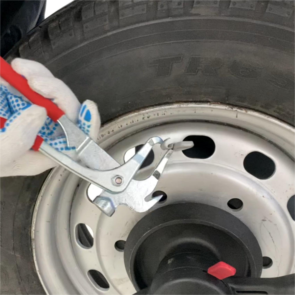 RebarTech wheel balancer pliers demonstrating clip-on weight installation