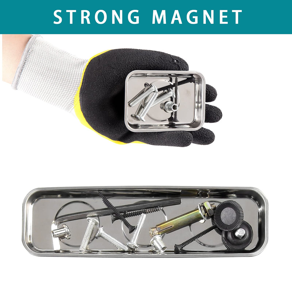 Rechabite tray attached to metal surface keeps tools accessible and organized.