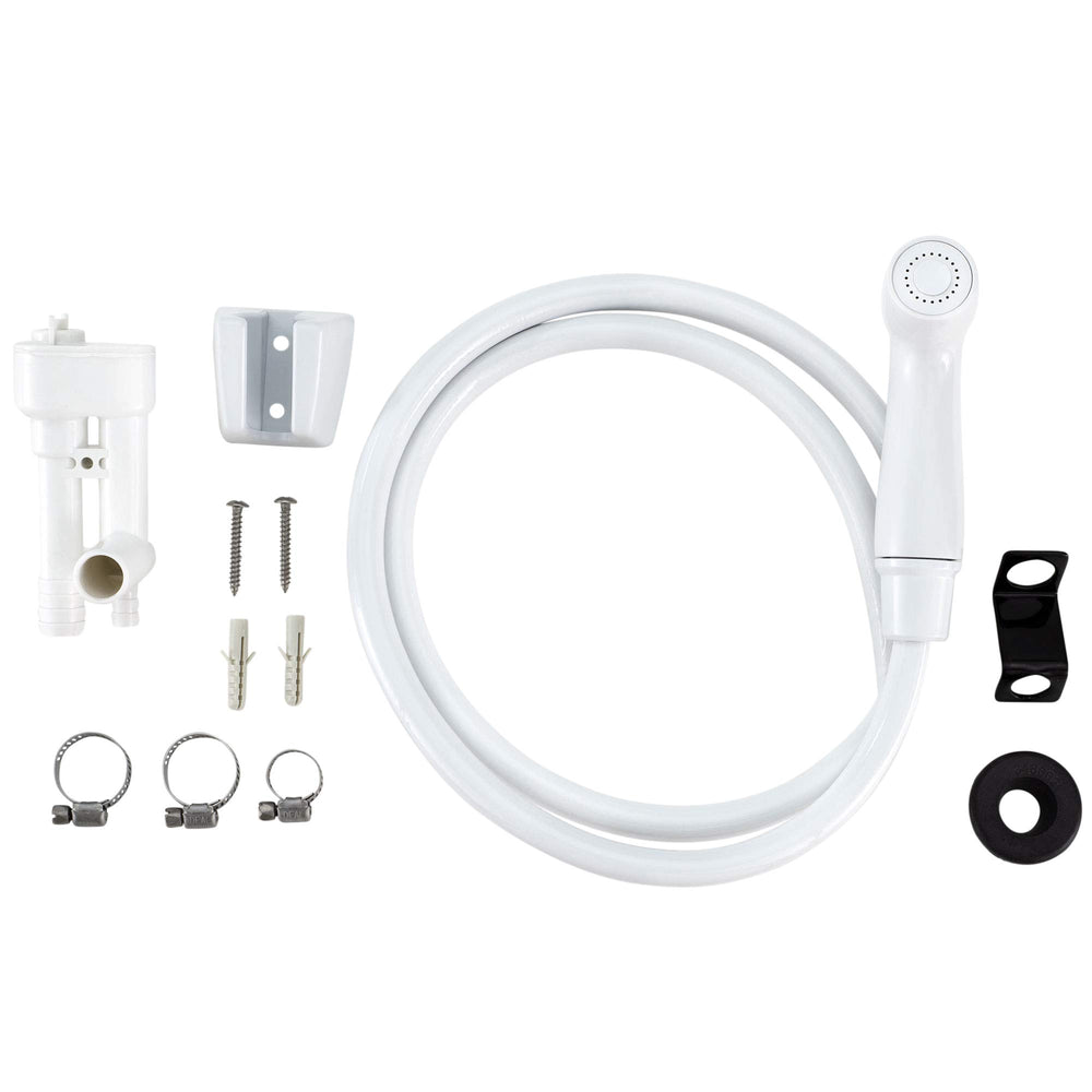 Compact footprint fits small RV shower enclosures