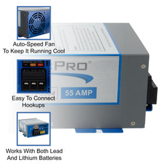 RecPro RV Converter 55 Amp 4-stage charging highlights efficient battery care.