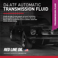 Closeup of Red Line 30504 D4 ATF label showing cross-compatibility notes.