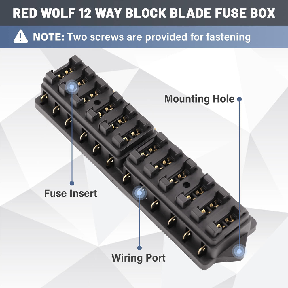 Red Wolf 12-Way blade fuse block terminal detail for precise connections.