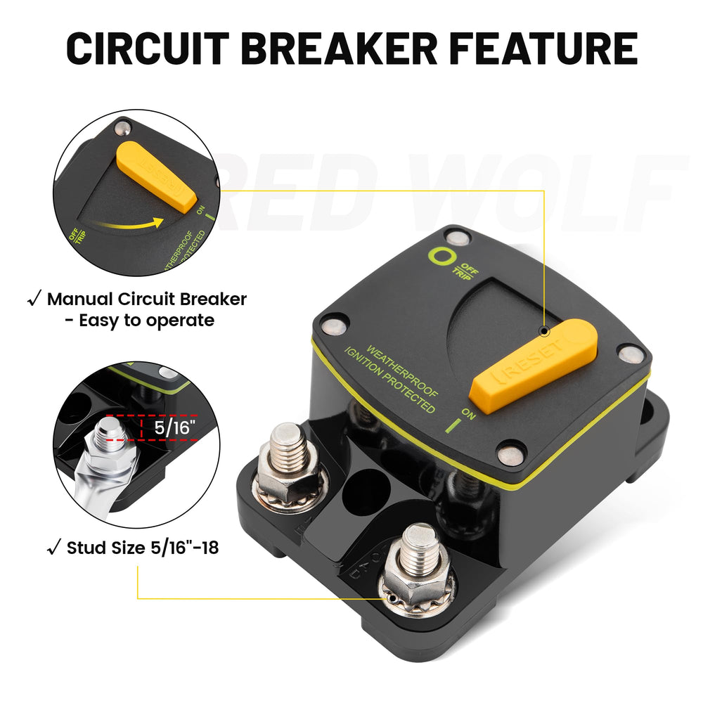 Red Wolf 150A circuit breaker mounting hole for tight spaces.