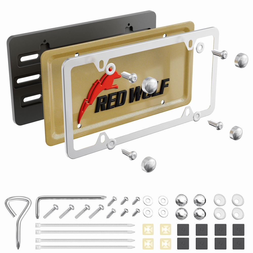 RED WOLF license plate bracket front view with chrome polished frame for a sleek upgrade
