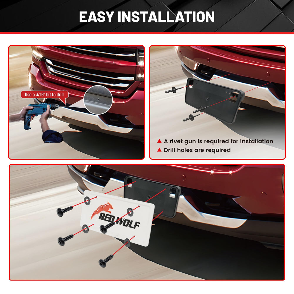 RED WOLF front bumper license plate holder with screws simplifies installation