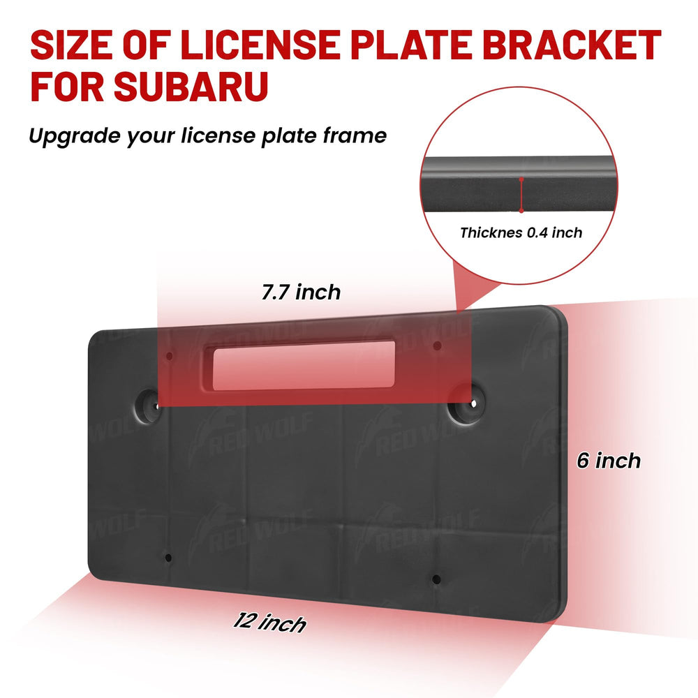 Red Wolf bracket installed on Forester front bumper for drill-free licensing