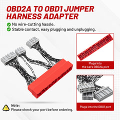 RED WOLF OBD2A to OBD1 harness port connection demonstrates plug-and-play readiness.