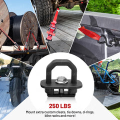 RED WOLF bed-side anchors securing ratchet straps on Silverado