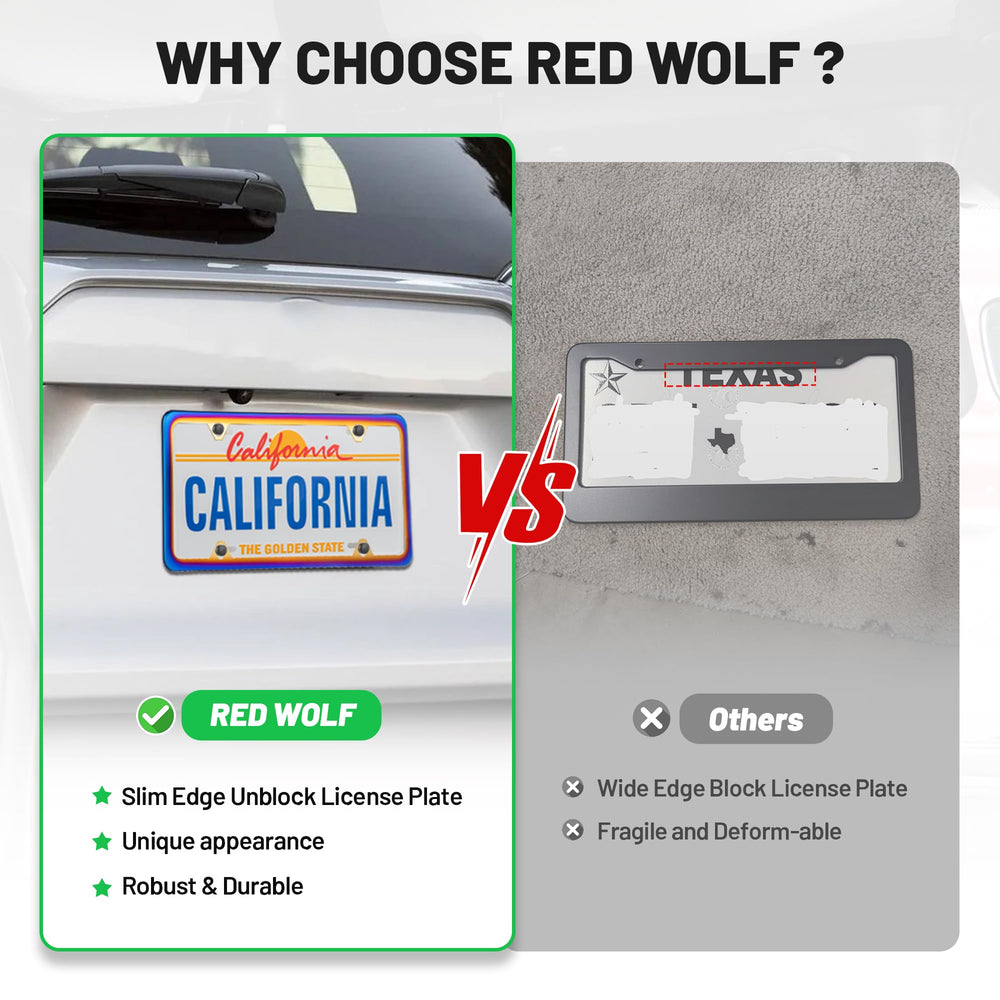 Red Wolf weather-resistant license frame detail highlighting durability