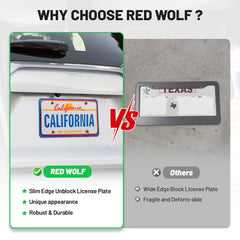 Red Wolf weather-resistant license frame detail highlighting durability