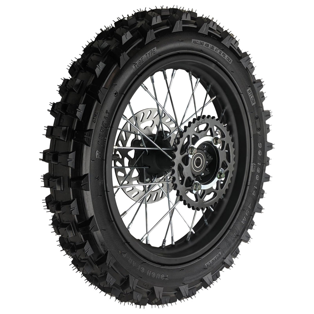 RedCap 14in rear wheel rim-tire assembly ready for off road installation